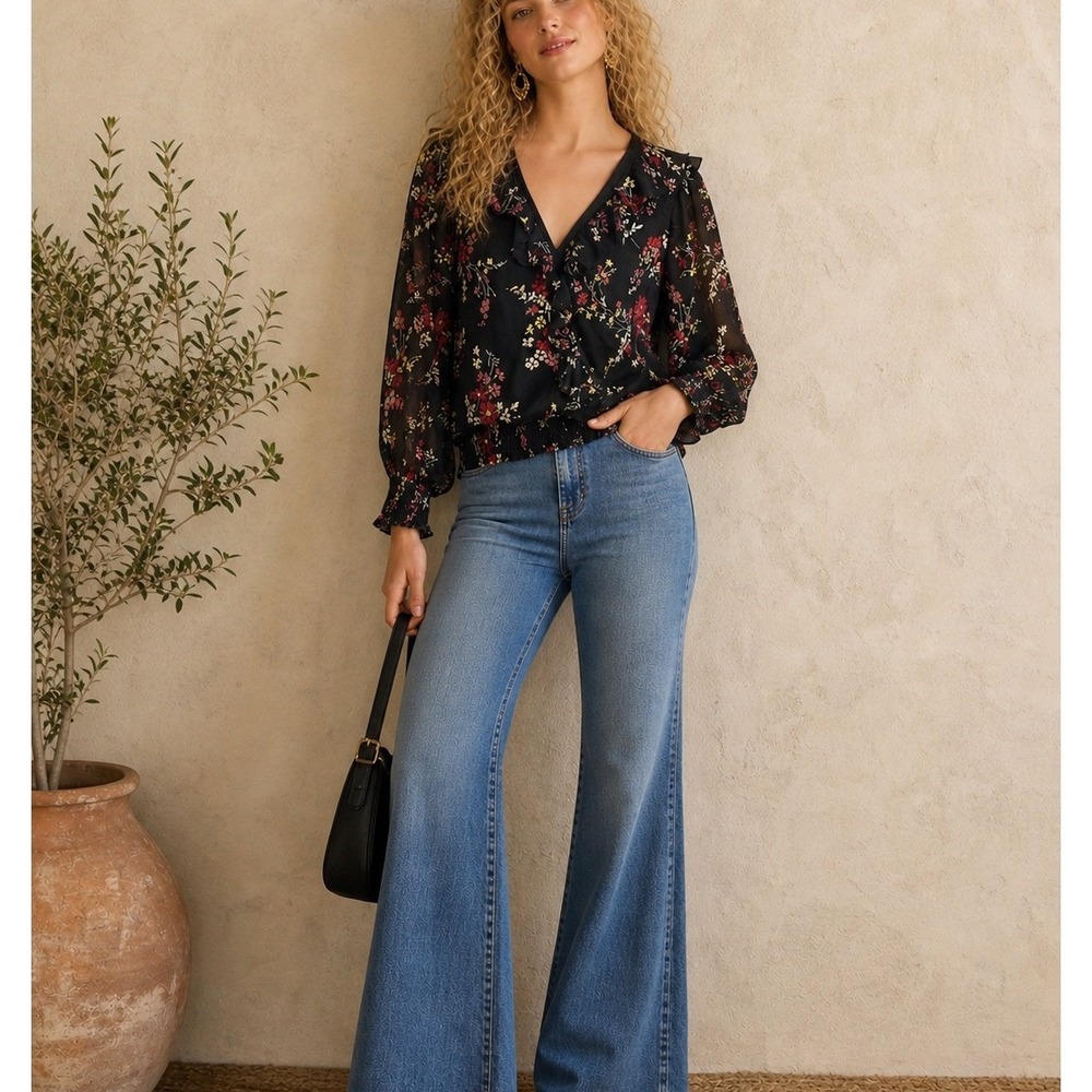 Abercrombie & Fitch Sheer Floral Ruffle Blouse Black Size Small Boho Romantic